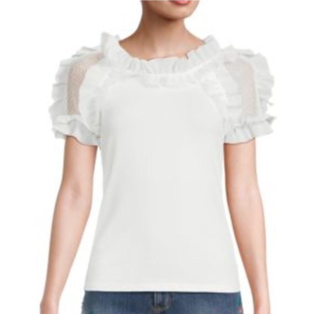 Gracia White Mesh Ruffle Puff Sleeve Top - Size Small